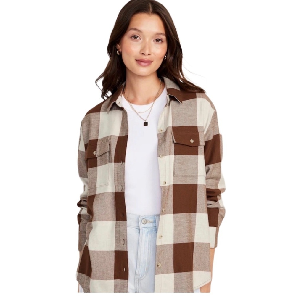 OLD NAVY Plaid Brown and Cream Women's button down long sleeve shirt